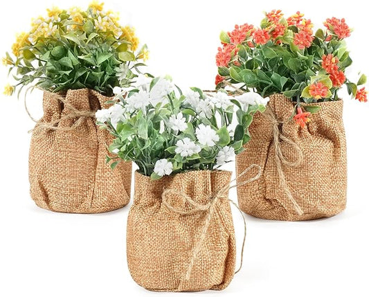 Velener Artificial Flowers in Small Burlap Bag Vases 3Pcs - Faux Flowers Farmhouse Home Coffee Table Bookshelf Office Desk Decor Kitchen Dining Room Fake Plants Indoor(Red/White/Yellow)