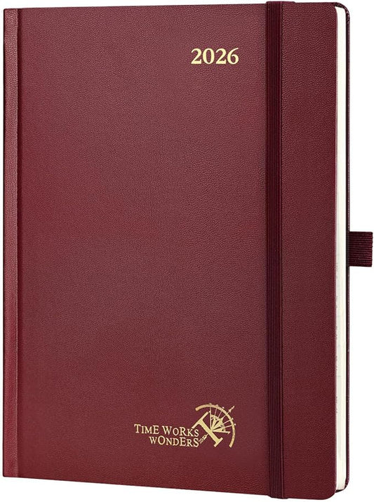 POPRUN 2026 Planner (Medium Size 8.5''x 6.5'' Hardcover) - Daily Weekly and Monthly Calendar Agenda 2026 Appointment Book with Hourly Time Slots, Monthly Tabs, 100 GSM - Burgundy