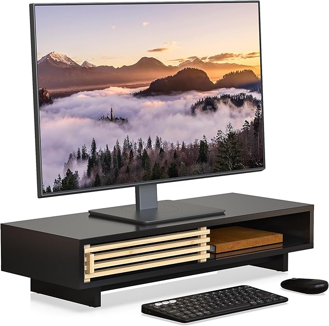 Monitor Stand Riser with Sliding Door, Computer Laptop Stand Desk Shelf Organizer with Storage (Black + Natural Bamboo, 25 Inch)