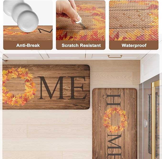KIMODE Fall Kitchen Mat Anti Fatigue, Farmhouse Maple Leaves Kitchen Rugs Sets of 2, Autumn Cushioned Kitchen Floor Mats, Comfort Kitchen Rugs Non Slip for Floor Sink, Laundry, Desk 17"x47"+17"x29"
