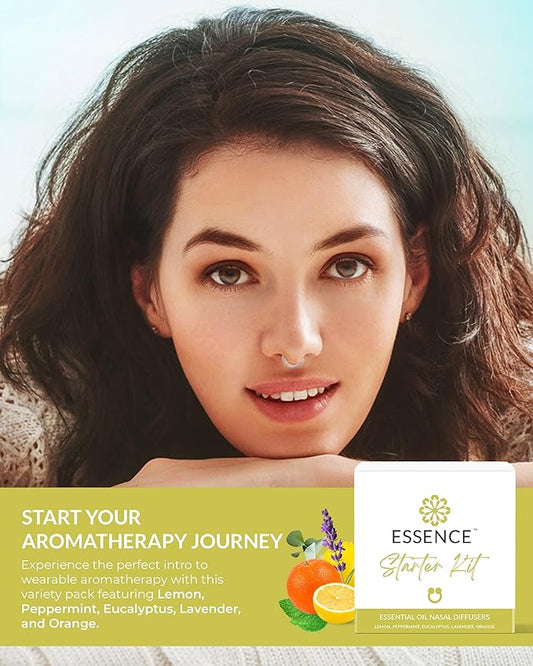 Essence Nasal Diffuser Starter Kit – Essential Oil Silicone Nose Ring Inhalers for Beginners – Wearable Aromatherapy Bundle for Relaxation, Energy & Breathing Support