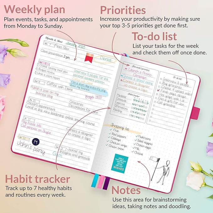 GoGirl Planner and Organizer for Women – Compact Size Weekly Planner, Goals Journal & Agenda to Improve Time Management, Productivity & Live Happier. Undated – Start Anytime, Lasts 1 Year – Hot Pink