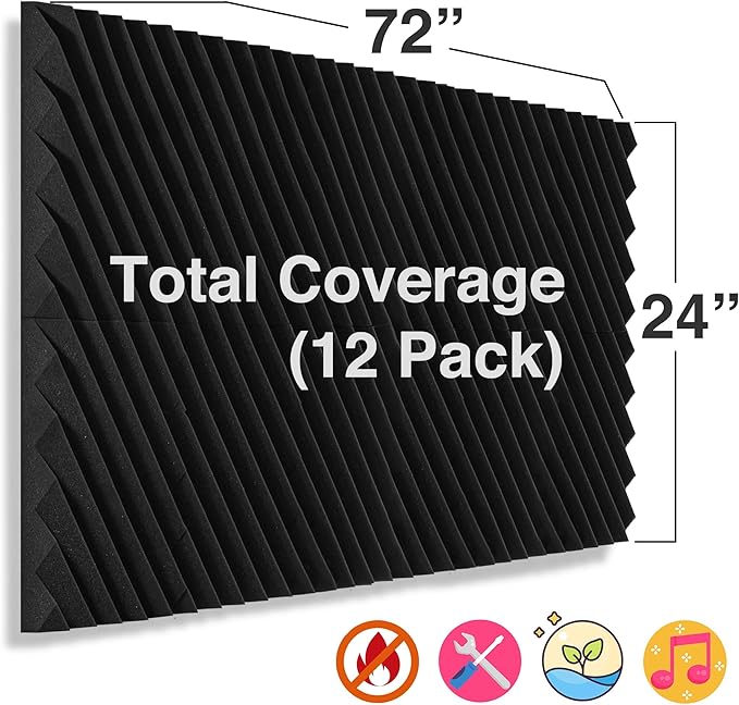 12 Pack Sound Proof Foam Panels for Walls, 12x12x2 Inches Slash Style Acoustic Panels for Home Studio Acoustic Treatment (Black)