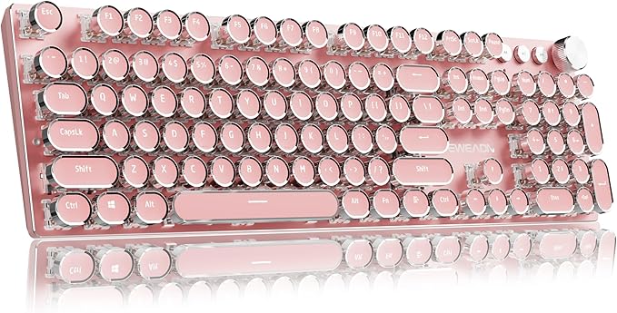 EWEADN V20 Typewriter Keyboard Wireless,104 Keys Typewriter Style Mechanical with White Backlit, Media Knob, White Switch 2.4G/Bluetooth/USB-C Retro Full Size Keyboard for Windows/Mac/PC-Dark Pink