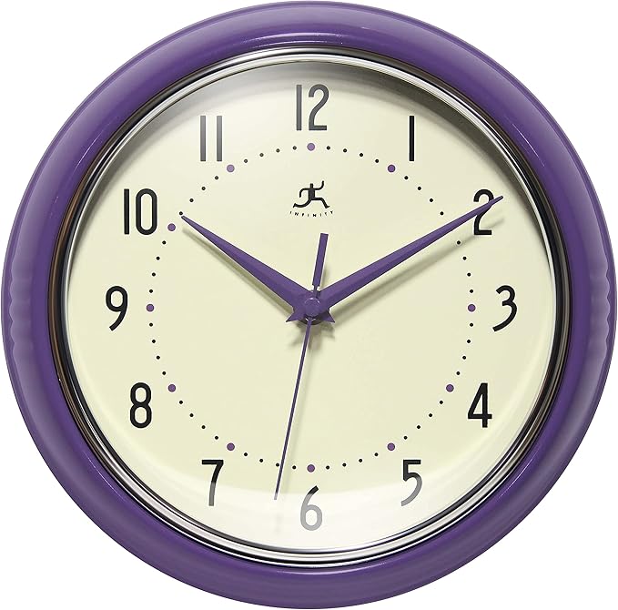 Infinity Instruments LTD. Retro 9 inch Silent Sweep Non-Ticking Mid Century Modern Kitchen Diner Wall Clock Quartz Movement Retro Wall Clock Decorative (Purple)…