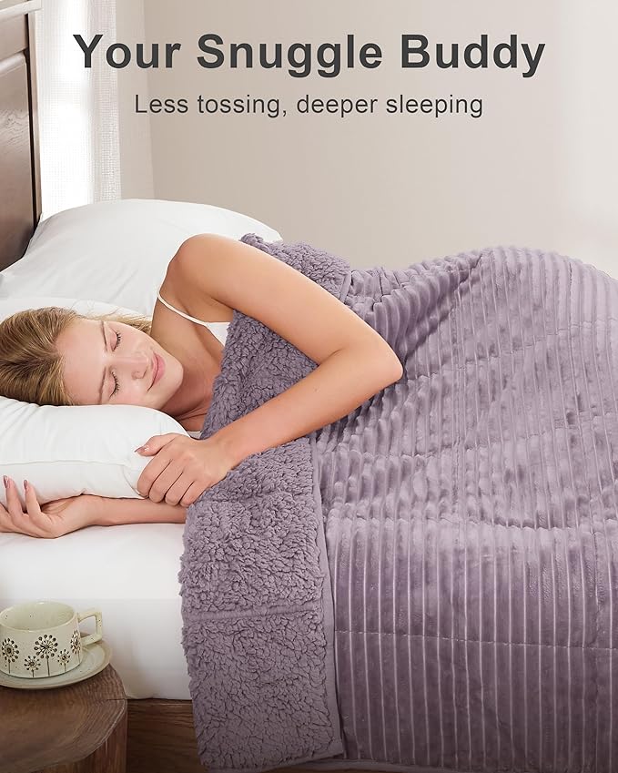Sherpa Fleece Adult Weighted Blanket 20lbs with Ribbed Stripes, Dual Sided Fuzzy Warm Blanket for Couch Bed Sofa, Heavy Thick Blankets with Ceramic Beads Great for Sleep, Light Purple, 60" x 80"