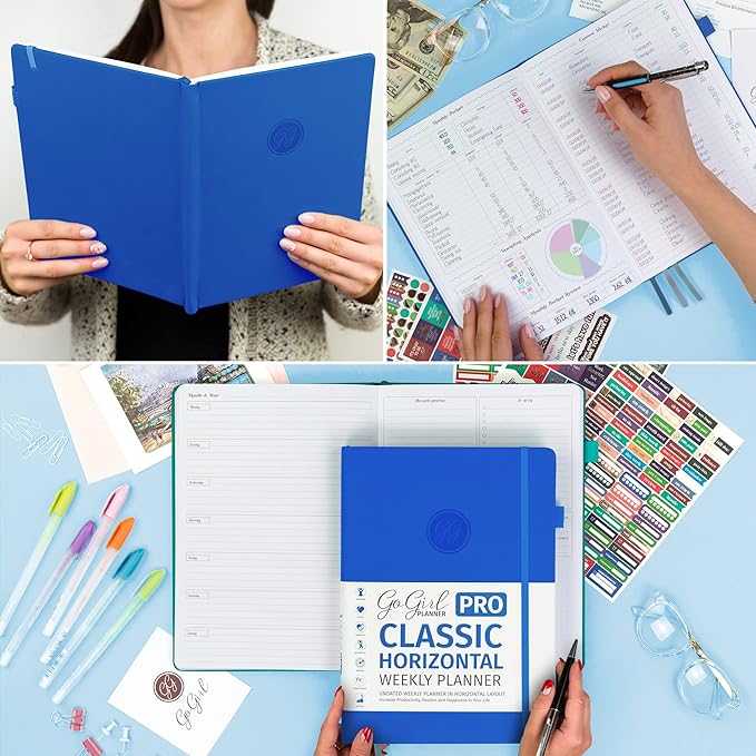 GoGirl Planner PRO - Undated Horizontal Layout Weekly Planner and Organizer + Budgeting and Expense Tracking Pages, Goals Journal & Agenda, 7" x 10" Hardcover, Lasts 1 Year - Blue