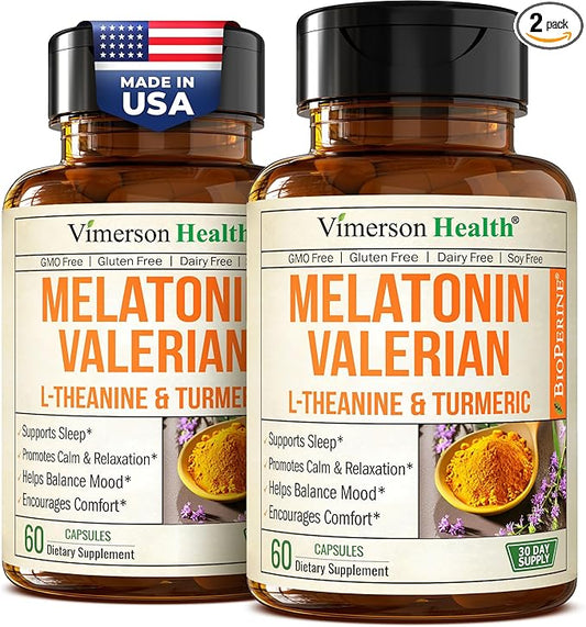 Melatonin Sleep Aid with L Theanine & Valerian Root – Turmeric Supplement – Turmeric Curcumin with Ginger & Black Pepper – L-Theanine & Melatonin 3mg for Sleep, Calm and Stress Relief – 2 Pack