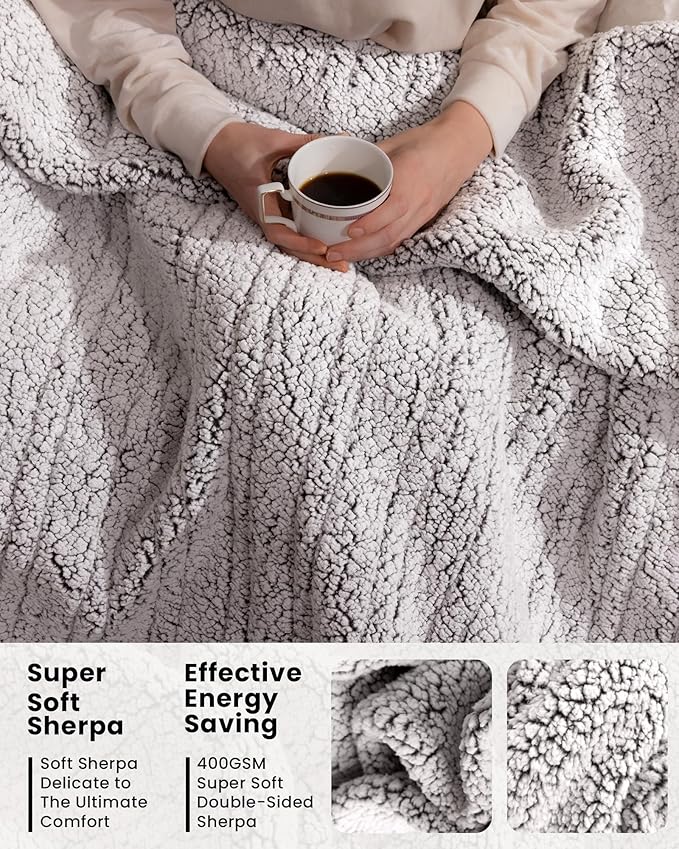 Electric Blanket Queen 84 x 90 Inches, Double-Sided Sherpa, Soft & Cozy Thick Heated Blanket with 6 Heat Settings, 1-10 Hour Auto Off, Machine Washable, Ideal for Couch, Sofa, Bed, Office, Light Grey