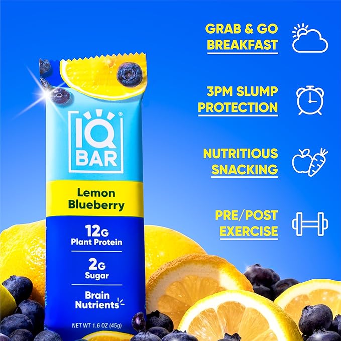 IQBAR Brain and Body Plant Protein Bars - Lemon Blueberry - 12-Count Low Carb - Gluten Free, High Fiber, Vegan Snacks - Low Sugar Meal Replacement