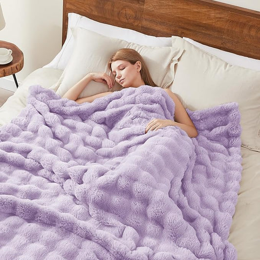 L'AGRATY Faux Fur Throw Blanket: 50" x 60" Luxury Soft Fluffy Rabbit Fur Blankets Twin for Couch Bed Sofa - Cozy Plush Bubble Blankets for Winter: Flannel Fleece Decorative Blanket(Purple)