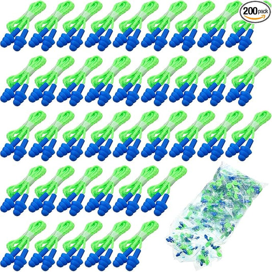 Tondiamo 200 Pairs Ear Plugs Reusable Silicone Earplugs with Cord Sleeping Individually Wrapped Hearing Protection Noise Cancelling Earplugs for Work Construction Shooting Sports(Blue, Green)