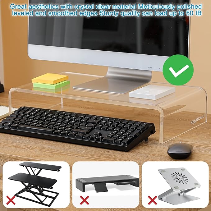 Premium Acrylic Monitor Stand – Extra-Wide 20" L x 10" W x 4" H Clear Computer Riser, Laptop Stand, Sleek Desktop Organizer for Office & Home, TV, Printer, with Bonus Acrylic Phone Stand