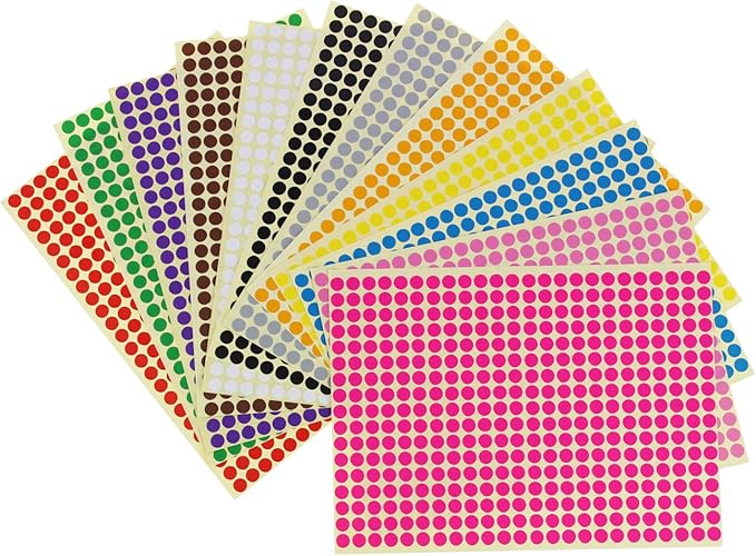 LJY 6mm Round Dot Stickers Color Coding Labels, 12 Different Assorted Colors, 36 Sheets, 14688 Dots in Total