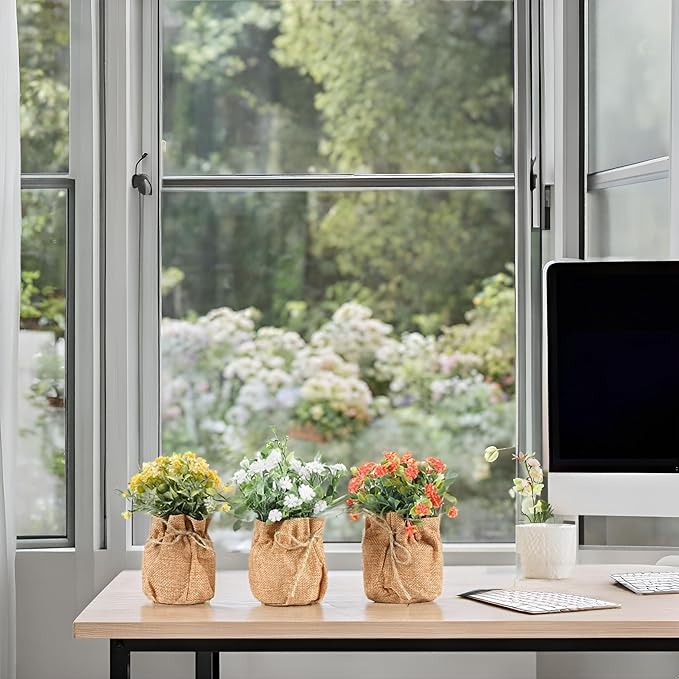 Velener Artificial Flowers in Small Burlap Bag Vases 3Pcs - Faux Flowers Farmhouse Home Coffee Table Bookshelf Office Desk Decor Kitchen Dining Room Fake Plants Indoor(Red/White/Yellow)