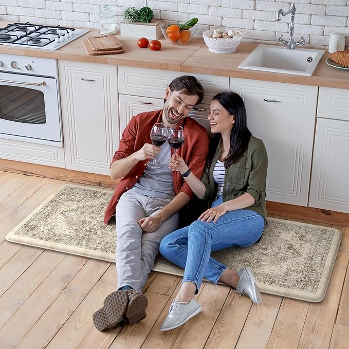 KIMODE Anti Fatigue Kitchen Mat, Cushioned Boho Oriental Kitchen Runner, Non Slip Waterproof Kitchen Mat for Floor, Comfort Foam Standing Desk Mat for Laundry, Office, Sink Khaki 17.3"x59"