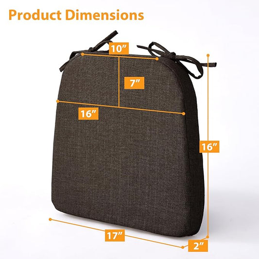 Chair Cushions for Dining Chairs, 2" Thick Seat Cushions for Kitchen Chairs, D-Shaped Chair Pads with Washable Cover, Ties and Non Slip Backing, 17'' x 16'', Set of 6, Brown