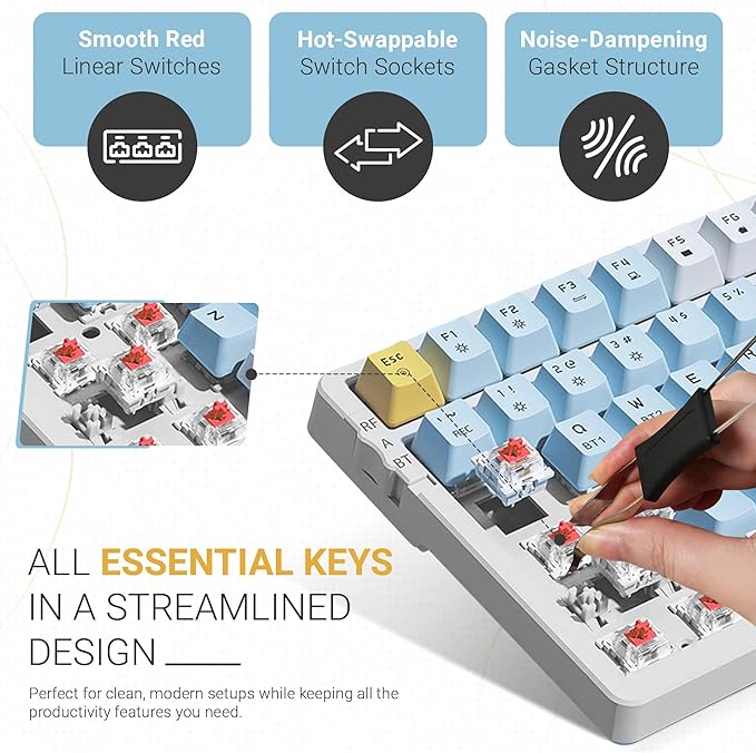 Qisan Wireless/Wired Mechanical Keyboard, Triple Mode 2.4G/USB-C/BT Wireless Gaming Keyboards, 100 Keys (98%) US Layout Red Switch Rechargeable Ice Blue Backlit Keyboard | Blue, Yellow & White