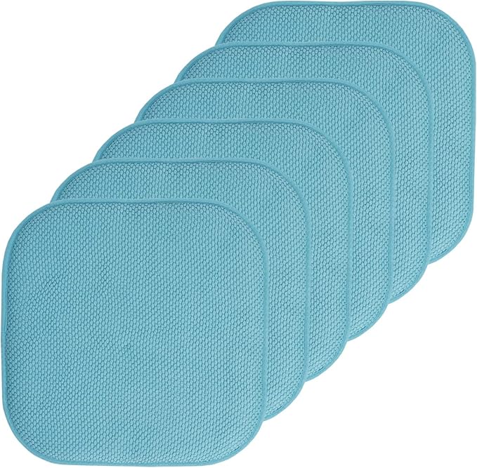 Sweet Home Collection Chair Cushion Memory Foam Pads Honeycomb Pattern Slip Non Skid Rubber Back Rounded Square 16" x 16" Seat Cover, 6 Pack, Teal