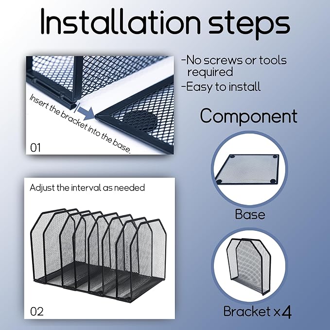 Adjustable Desk File Organizer,Detachable Office Folder Organizer,Compact Vertical Desk File Holder,Wrought Iron Paint,Suitable for Home, School, Office Classrooms (Black - 7 grids)