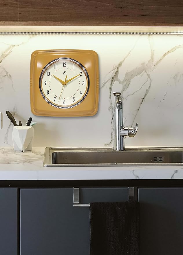 Infinity Instruments Retro – 9-Inch Square Silent Non-Ticking Mid-Century Modern Wall Clock – Vintage Decorative for Kitchen, Office, or Diner – Saffron