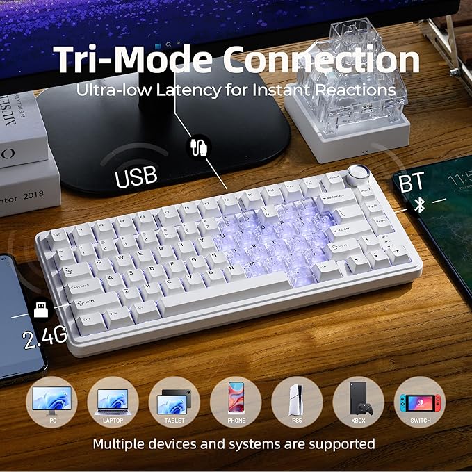 x XVX M75 75% Wireless Gaming Mechanical Keyboard, BT5.0/2.4GHz/USB-C,Hot Swappable Creamy Pre-lubed Switches,Gasket Structure,RGB Backlit White Keyboard w/Knob for PC/Laptop/Xbox/PS4/PS5,LUMINA HEART