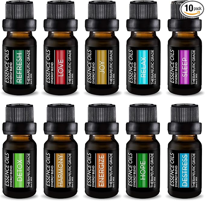 Pure Daily Care Aromatherapy Top 10 Essential Oil Synergy Blend Set – Therapeutic Grade Synergy Oil Blends – Uplift Mind, Body and Spirit – 10 x 10 Ml Blends – No Fillers & No Additives