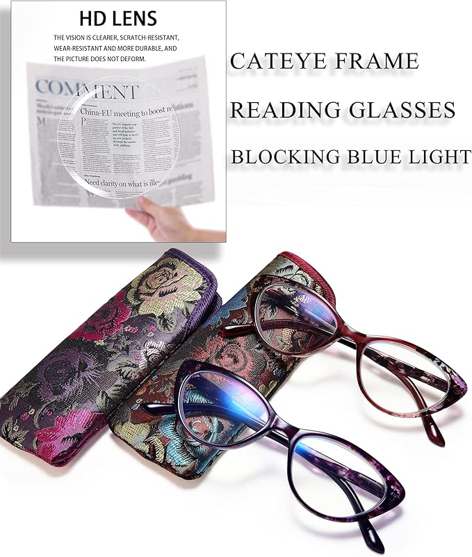 Cat Eye Blue Light Blocking Glasses for Womens - 2 Pairs Lightweight Blue Screen Computer Eyeglasses Anti Glare Glasses