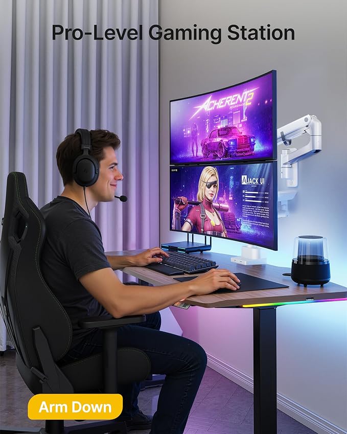 monTEK Monitor Wall Mount for 17-57“ up to 59.4 lbs Ultrawide Screens, Single Heavy-Duty Aluminum Gas Spring Monitor Arm with Full Motion Adjustment, VESA 75x75/100x100 Compatible, White