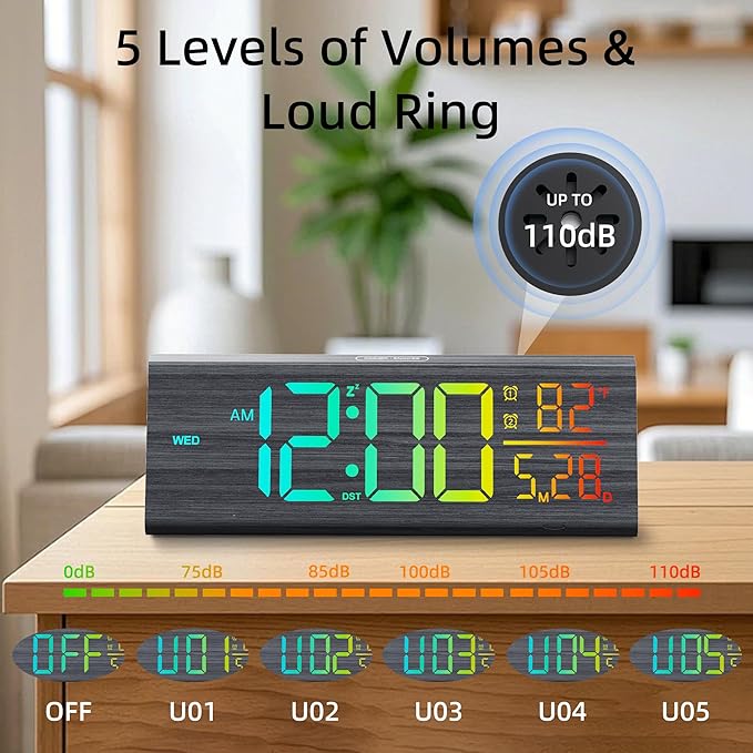 Solid Wood Digital Alarm Clock for Bedroom - 8.8 Inch Large Display for Living Room, See Time Instantly! Multicolor Backlight Time Display, Dual Alarms, Date/Temp/Day, DST, Snooze (Black)
