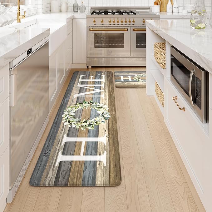 KIMODE Farmhouse Kitchen Floor Mats Cushioned Anti Fatigue,Memory Foam Rugs Non Slip Sets of 2,Long Waterproof Carpet for Sink Laundry Office Bathroom,Blue 17"x59"+17"x29"