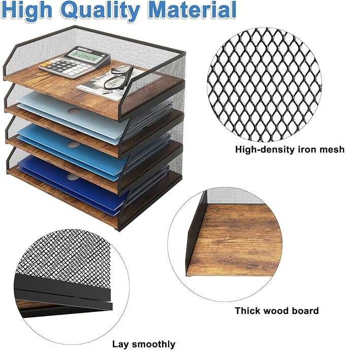Natwind 4-Tier Stackable Paper Tray, Metal Mesh Desktop Organizer, Paper Sorter, Letter Trays,File Document Storage Rack for for Home, Office, School (Retro)
