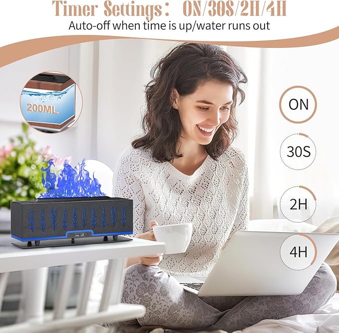 Colorful Essential Oil Diffuser, 7 Colors Flame Fire Diffuser, 200ML Ultra-Quiet Aromatherapy Diffuser with Remote Control, Timer Up, Auto-Off Protection for Home,Office,Bedroom (Grey Black)