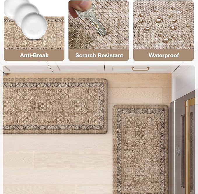 KIMODE Anti Fatigue Kitchen Mat 17.3"x29", Vintage Kitchen Floor Mats Non Slip, Waterproof Kitchen Mat for Floor, Farmhouse Comfort Standing Mat for Laundry, Office, Sink, Desk Brown
