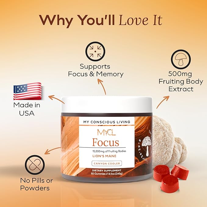 Lions Mane Mushroom Gummies for Focus and Memory - 500mg Fruiting Body Extract - Cognitive Support and Brain Health Supplements for Adults and Kids - Vegan, Gluten-Free - Canyon Cooler - 30 Servings