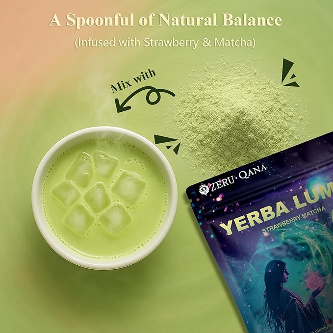 Yerba Mate Instant Tea Powder, 3-in-1 Super Bloom Energy Drink, Low Sugar, Supports Mental Clarity, Containing Prebiotics and Probiotics | Strawberry Matcha Flavor 30 Servings