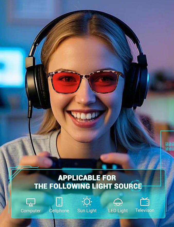 TIJN Sleep Glasses for 99.9% Blue Green Light Blocking for Women Men Dual AR Coating Red Lens for Computer Gaming, TR90