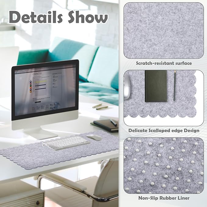 Large Felt Desk Mat with Scalloped Edges for Keyboard and Mouse 35 x 16.5 Inch Non Slip Scalloped Computer Desk Pad(Gray)