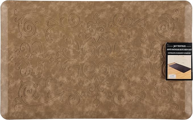 J&V TEXTILES Medallion Embossed Cushioned Anti Fatigue Floor Mat, Thick Non Slip Waterproof Kitchen Rug, Heavy Duty Foam Standing Mat for Kitchen (Taupe, 20" X 39")