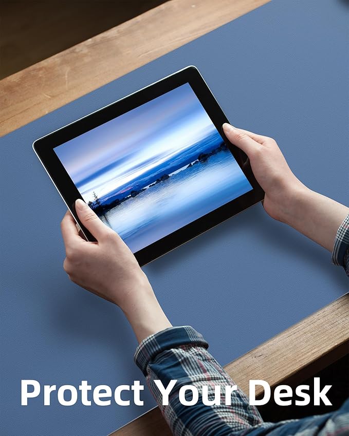 AFIING Leather Desk Pad Protector, Mouse Pad, Office Desk Mat, Non-Slip PU Leather Desk Blotter, Large Desk Mat, Waterproof Keyboard Mat for Office/Home/Decor (Grey Blue, 48" x 17")