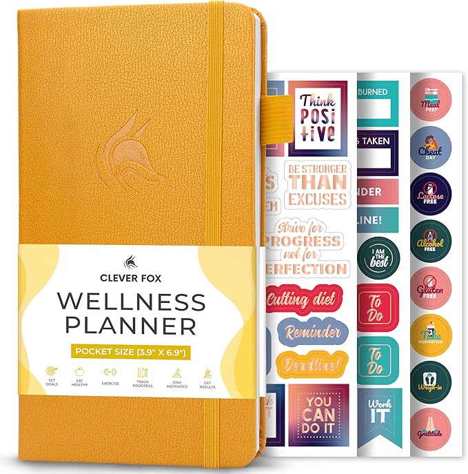 Clever Fox Wellness Planner - Weekly & Daily Health and Wellness Log, Food Journal & Meal Planner Diary for Calorie Counting, Notebook for Medical Condition Tracking – Pocket size (Amber Yellow)