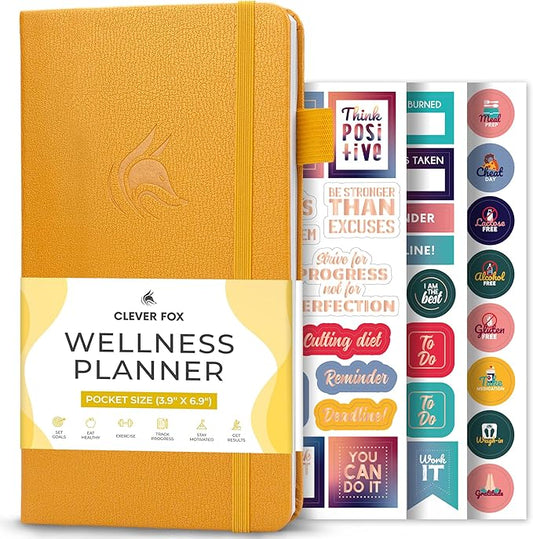 Clever Fox Wellness Planner - Weekly & Daily Health and Wellness Log, Food Journal & Meal Planner Diary for Calorie Counting, Notebook for Medical Condition Tracking – Pocket size (Amber Yellow)