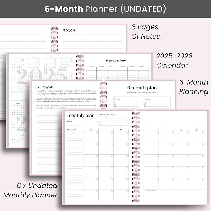 Large Daily Planner with Hourly Schedule, 8.5" x 11" Undated 6-Month Planner for Productivity, Full Page a Day, 2025-2026 Calendar, To Do List, Time Blocking, Pink Aesthetic Hardcover Spiral Notebook