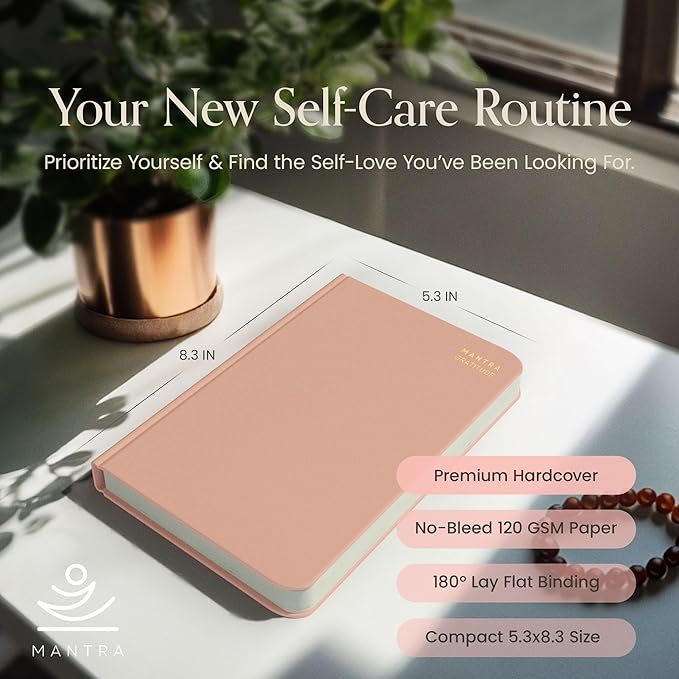 Gratitude Journal For Women & Men - Mental Health, Self Love & Self Care Journal - Pink - 5.8" x 8.3" - Mantra Planner