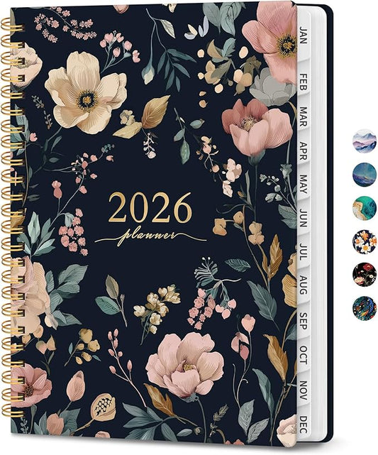 2026 Planner, Monthly and Weekly Calendar Planner for Women, January 2026 - December 2026, Hardcover Pretty 2026 Agenda Planner Book with Tabs, Spiral Bound, Perfect for School Office Home Supplies, 8.5" x 11" - Evening Petals