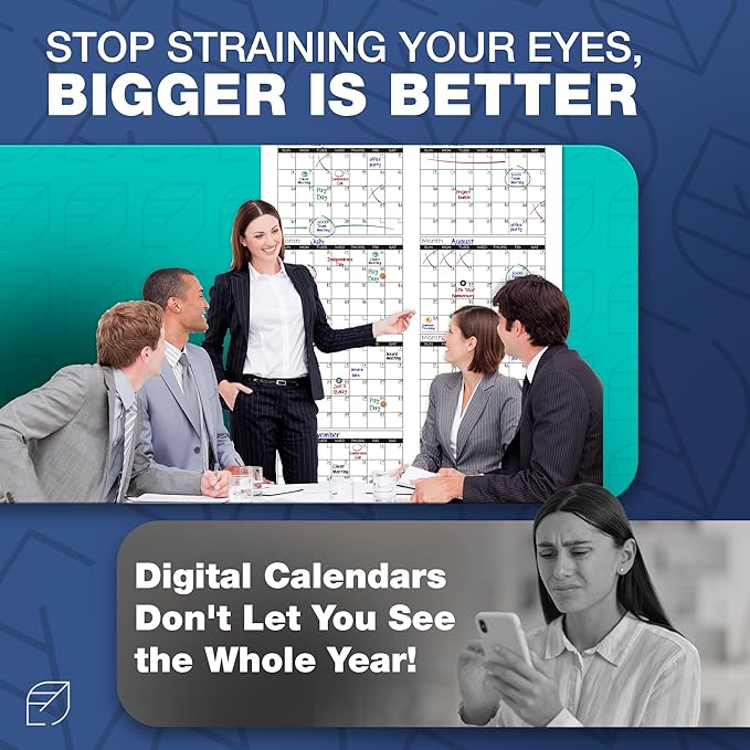 Large Dry Erase Calendar for Wall, 36" x 72" - Undated, Yearly, Reusable - Full 12 Month Year - Includes Markers, Eraser & Accessories