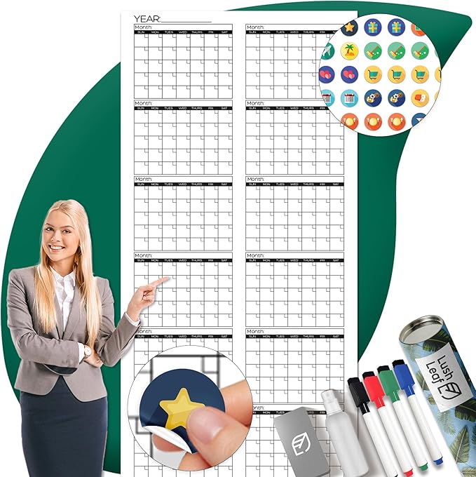 Large Dry Erase Calendar for Wall, 36" x 72" - Undated, Yearly, Reusable - Full 12 Month Year - Includes Markers, Eraser & Accessories