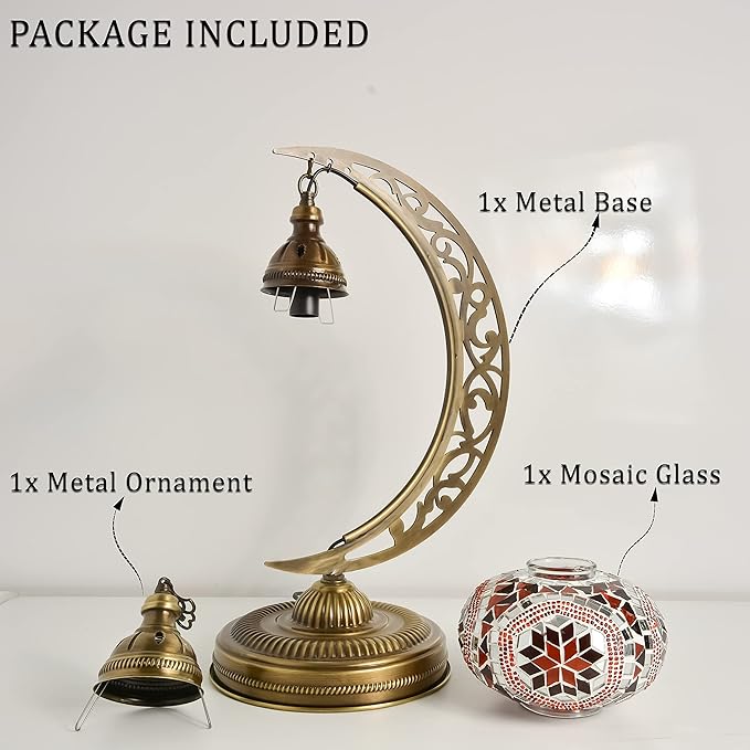 mozaist Turkish Mosaic Crescent Shape Table Lamp, Moroccan Moon Boho Handmade Desk Light, Farmhouse Rustic Living Room Decorative Lighting, Bedside Nightstand with E12 Socket & US Plug (Orange & Red)