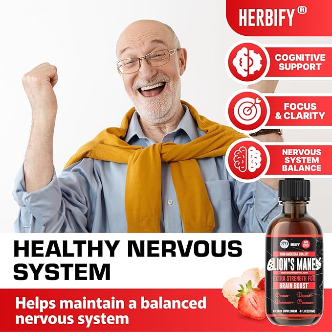 HERBIFY Lions Mane Supplement - Daily Mushroom Supplement for Memory, Focus & Clarity - Brain Booster - Lions Mane Tincture for Immune Support - 4 Fl oz Strawberry Flavor
