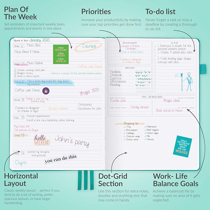 GoGirl Planner PRO - Undated Horizontal Layout Weekly Planner and Organizer + Budgeting and Expense Tracking Pages, Goals Journal & Agenda, 7" x 10" Hardcover, Lasts 1 Year - Turquoise